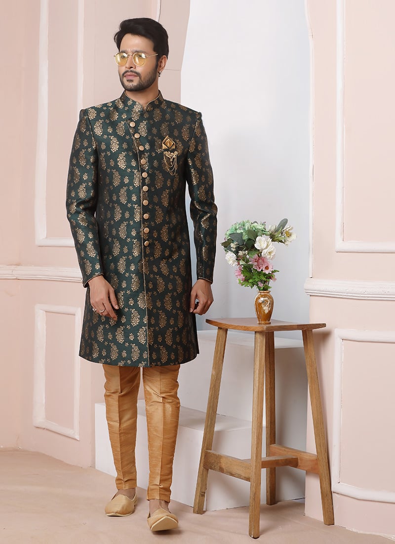 Bottle Green Jacquard Silk Classic Sherwani Wedding Wear