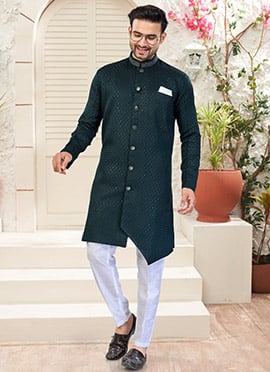 Bottle Green Jacquard Silk Kasak Zari Sequins Indowestern Sherwani
