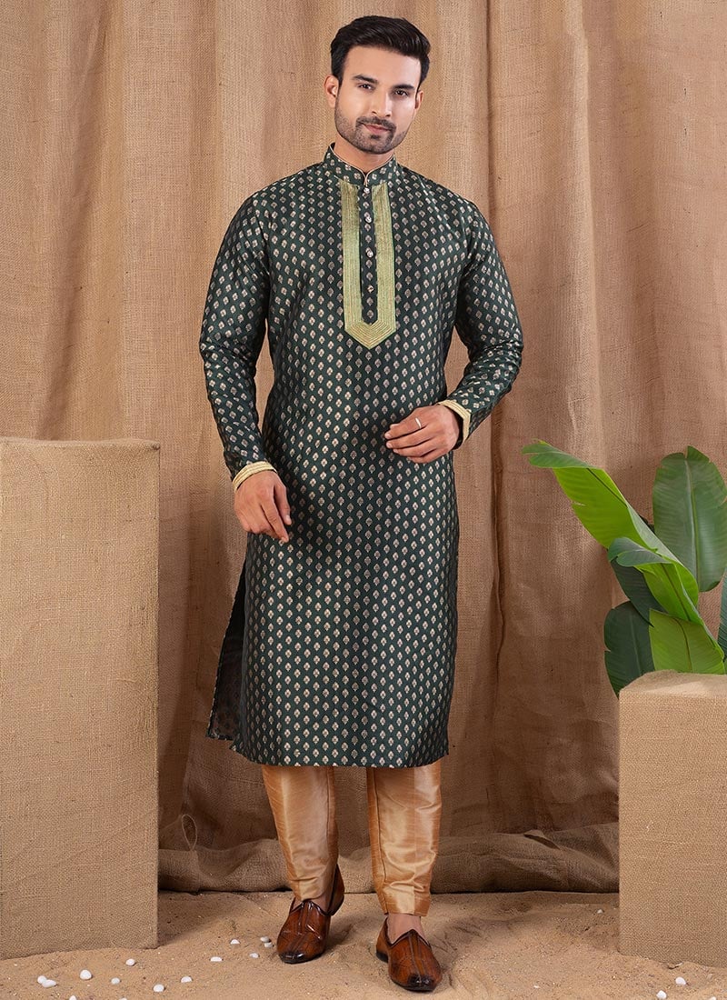 Bottle Green Jacquard Silk Kurta Pyjama