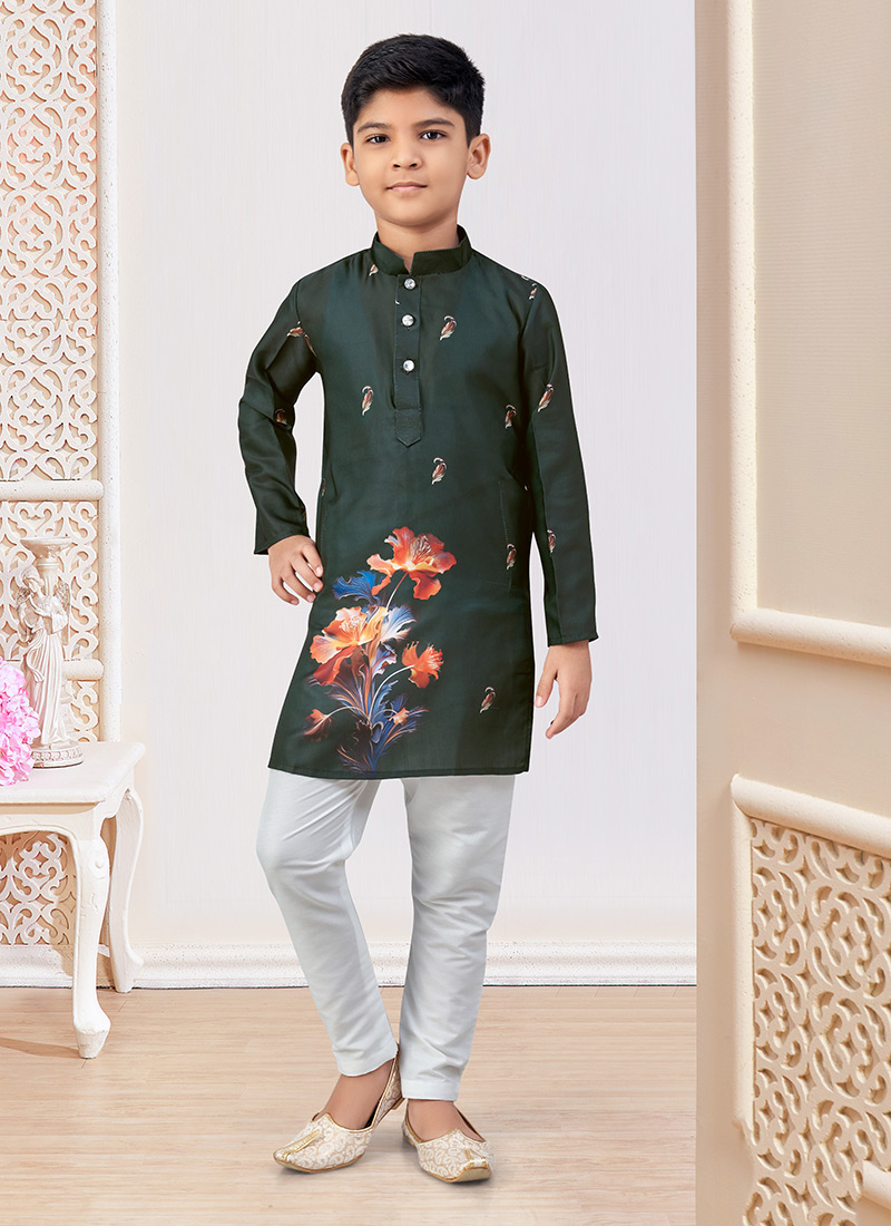 Bottle Green Kenzo Silk Floral Painted Boys Kurta Pyjama
