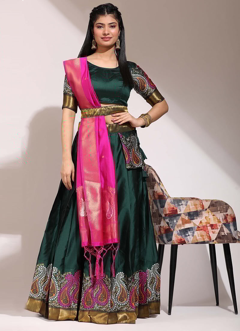 Bottle Green Litchi Silk Zari Jacquard Lehenga Festive Wear