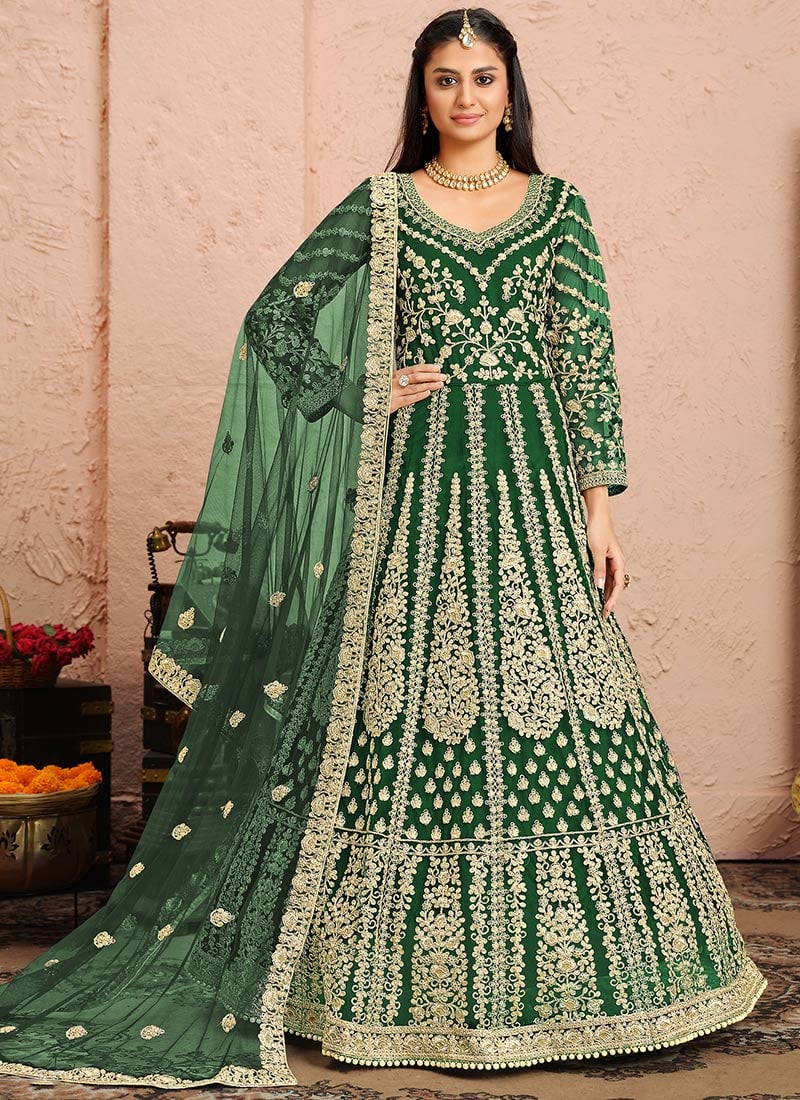 Bottle Green Net Embroidered N Sequins Anarkali Suit Wedding Wear
