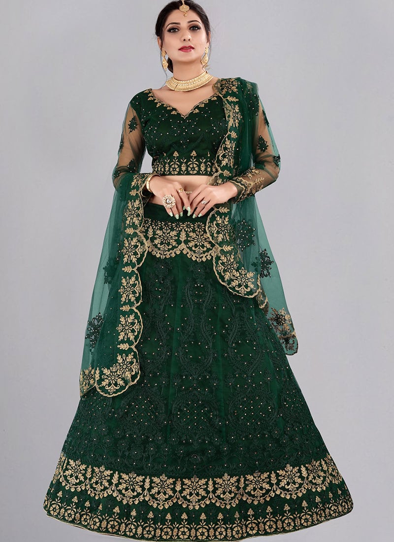Bottle Green Net Embroidered N Stones Umbrella Lehenga Party Wear