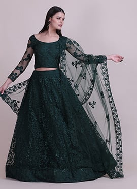 Bottle Green Net Embroidered N Stones Umbrella Lehenga