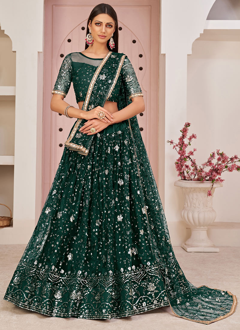 Bottle Green Net Sequins Embroidered Umbrella Lehenga Party Wear
