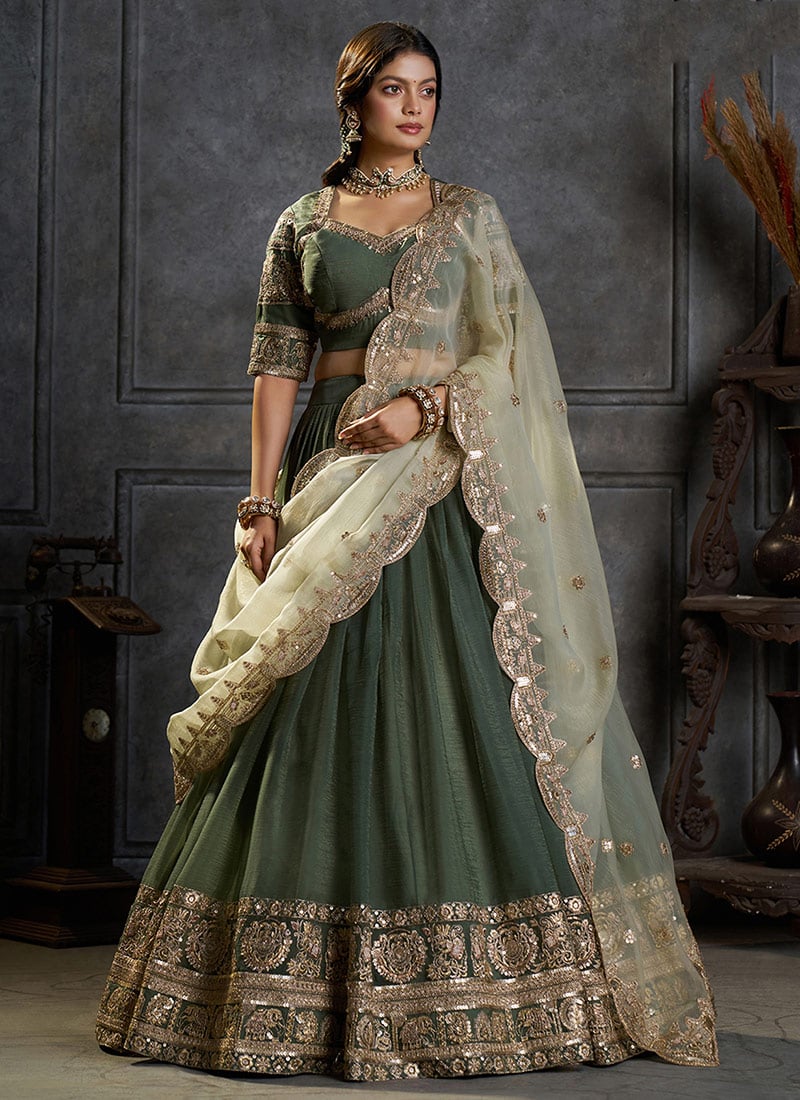 Bottle Green Organza Embroidered Sequins Zari Lehenga  Wedding Wear