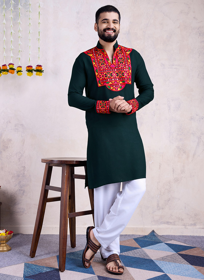 Bottle Green Rayon Kutch Work Kurta