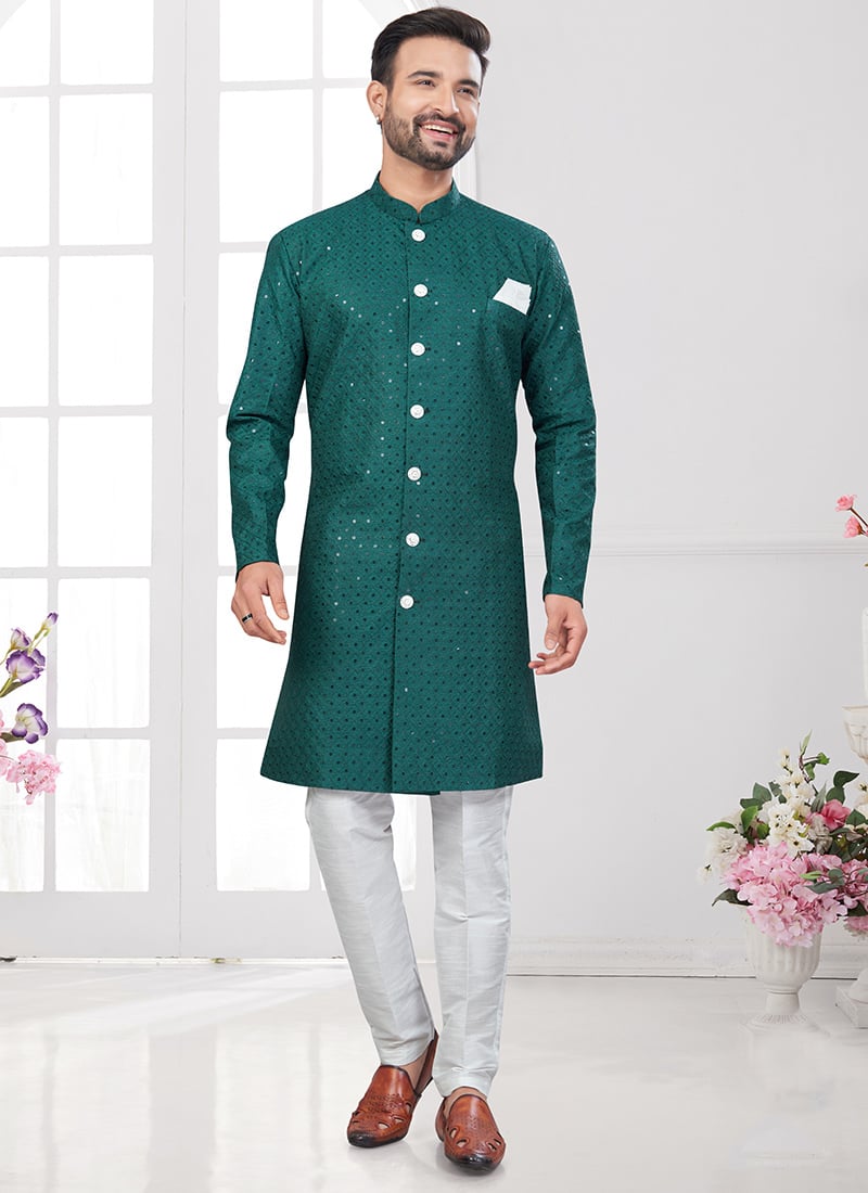 Bottle Green Rayon Lucknowi Embroidered Sequins Indowestern Sherwani Festive Wear