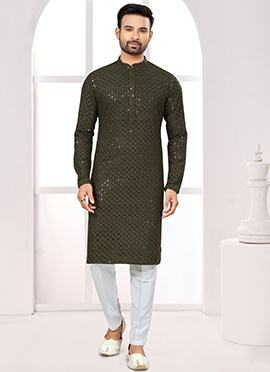 Bottle Green Rayon Lucknowi Embroidered Thread Sequins Kurta Pyjama
