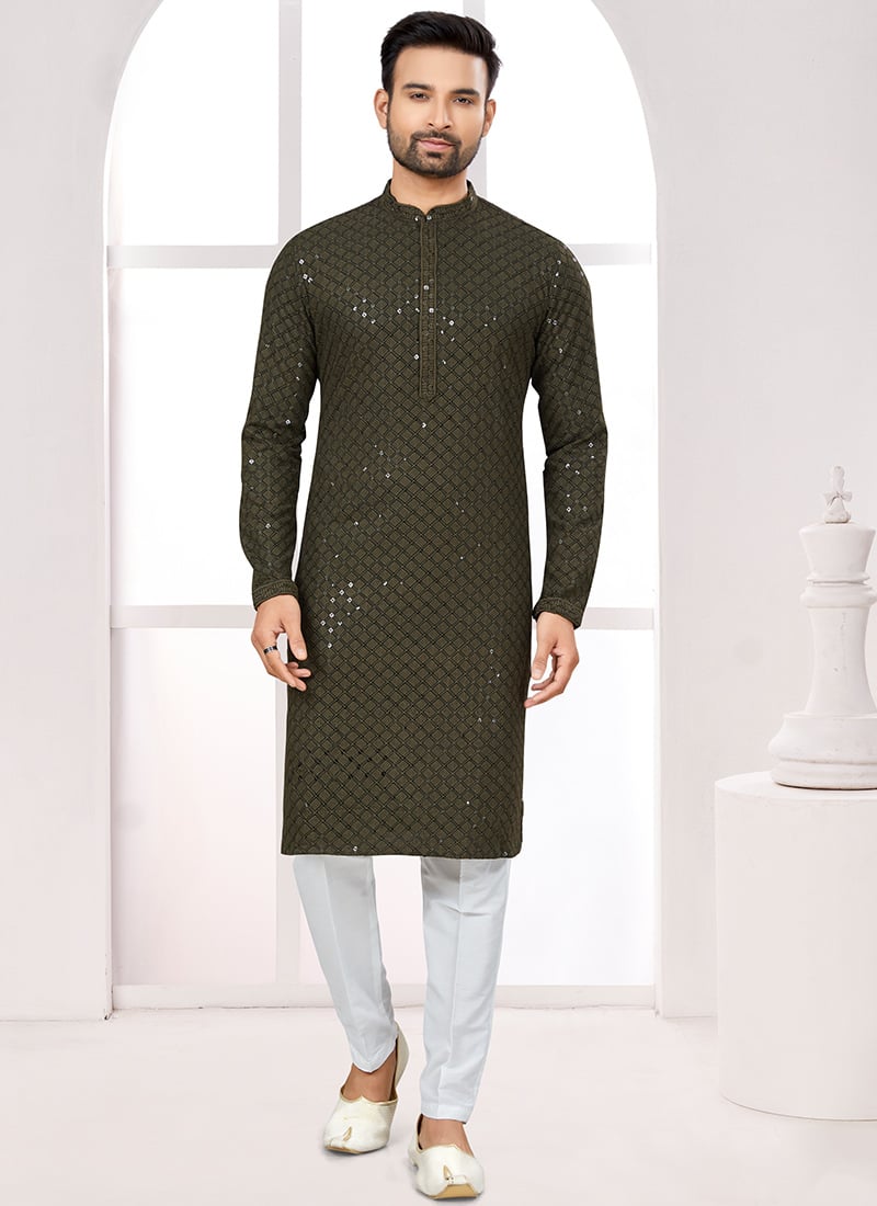 Bottle Green Rayon Lucknowi Embroidered Thread Sequins Kurta Pyjama Festive Wear