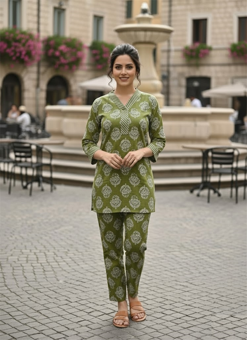 Bottle Green Rayon Mill Print  Kurta Seat  Work Wear