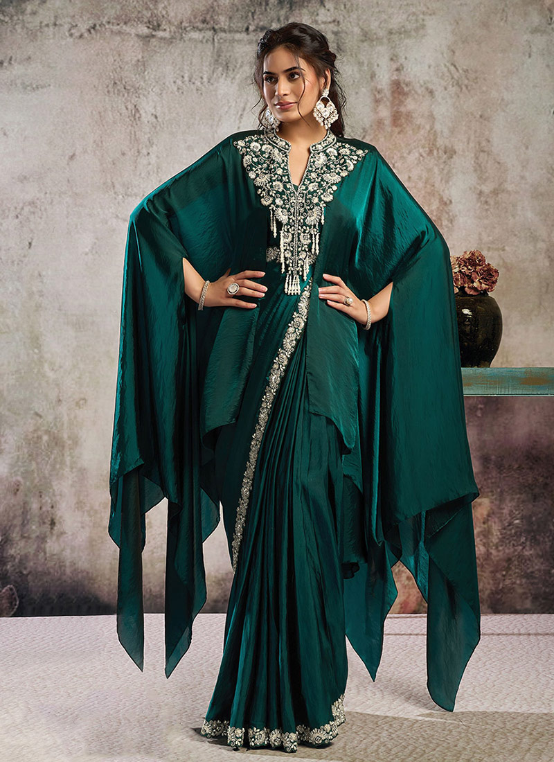 Bottle Green Satin Hand Embroidered Beads Work Pre Draped Kaftan Style Saree Wedding Wear