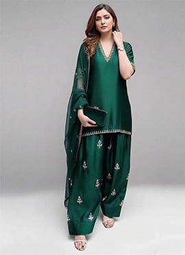 Bottle Green Satin Silk Hand Embroidered Sequins Farshi Suit