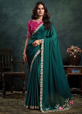 Bottle Green Satin Silk Sequins Embroidered Stones Applique Thread Saree