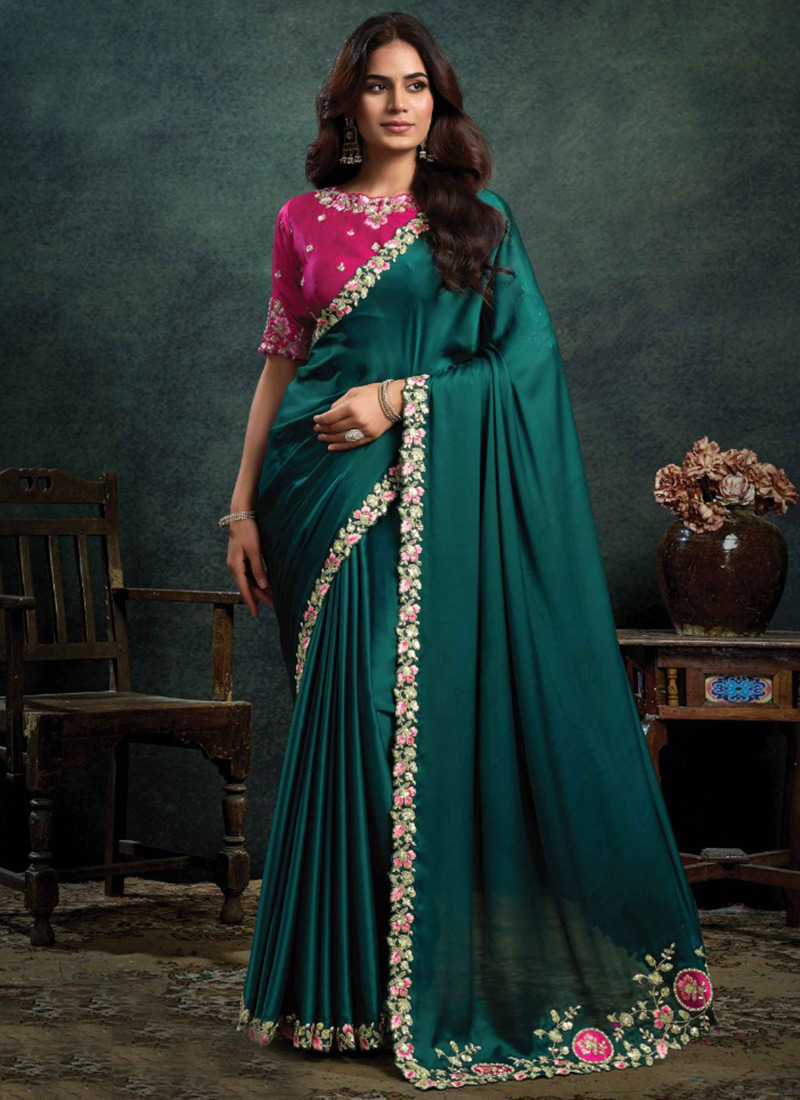 Bottle Green Satin Silk Sequins Embroidered Stones Applique Thread Saree Wedding Wear