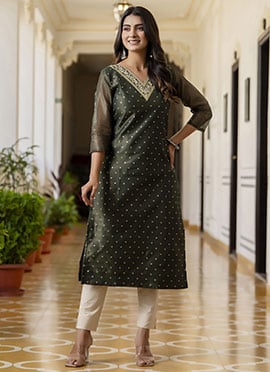 Bottle Green Shimmer Silk Embroidered Long Kurti