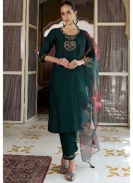 Bottle Green Silk Cotton Embroidered Straight Pant Suit
