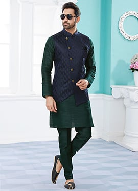 Bottle Green Silk Dupion Jacquard Bandi Set