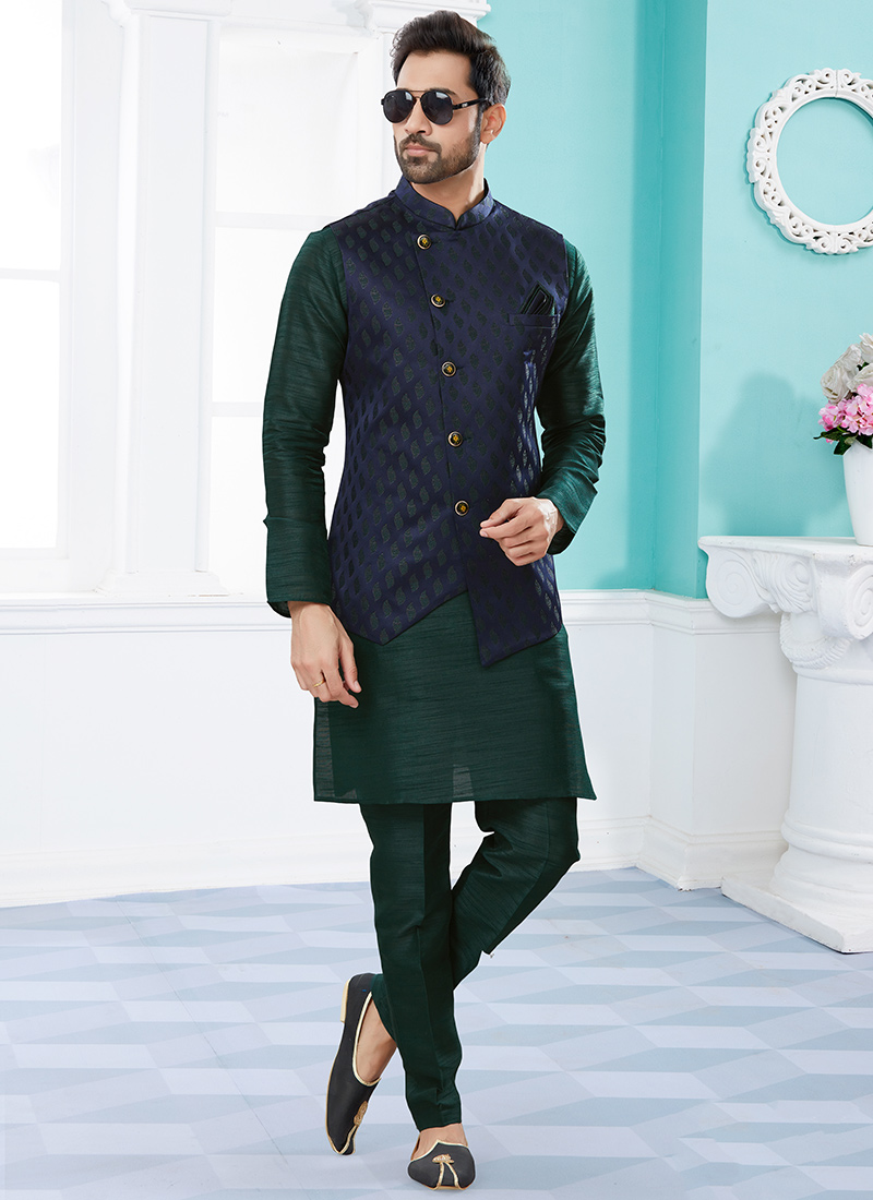Bottle Green Silk Dupion Jacquard Bandi Set Party Wear