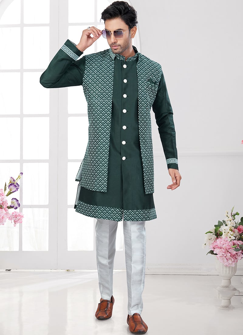 Bottle Green Silk Embroidered Classy Indowestern Sherwani Wedding Wear