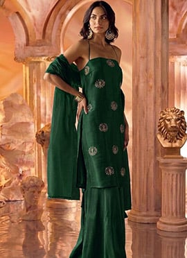 Bottle Green Silk Hand Embroidered With Stone Work Palazzo Suit