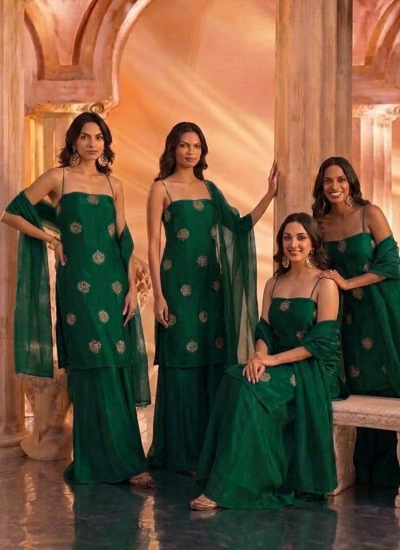 Bottle Green Silk Hand Embroidered With Stone Work Palazzo Suit After Six Wear