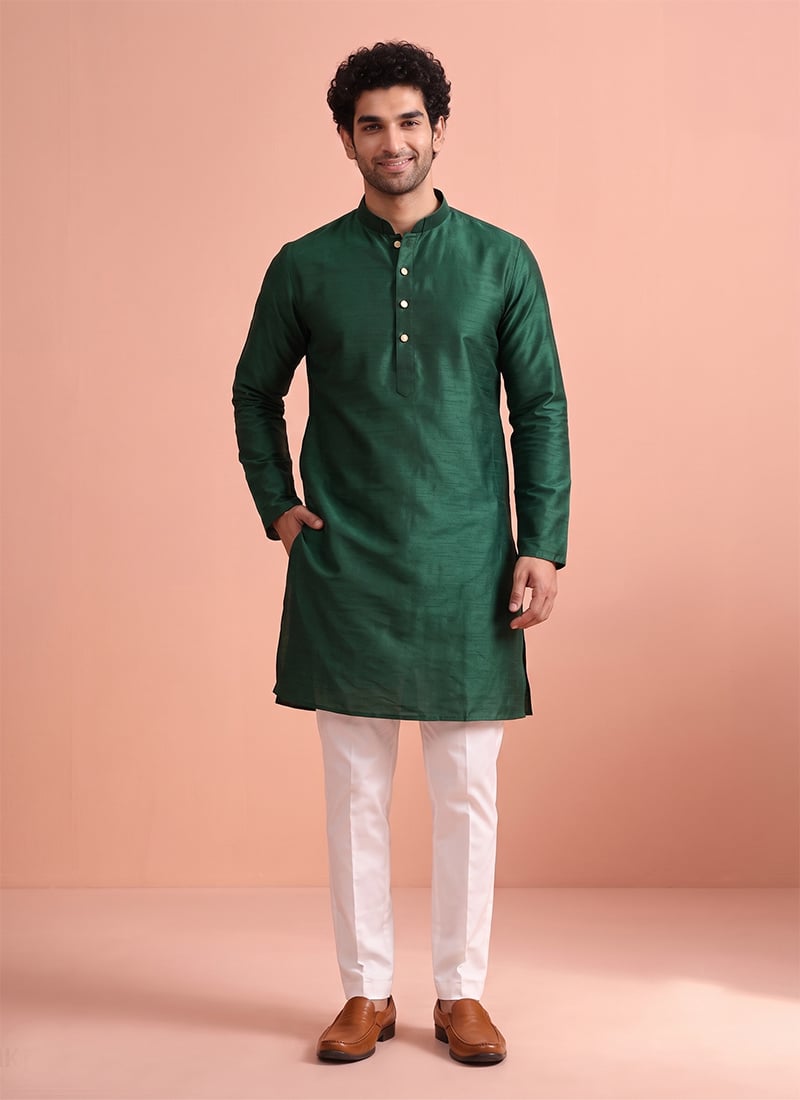Bottle Green Silk Kurta Pyjama Festive Wear