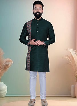 Bottle Green Silk Printed Kurta Pyjama