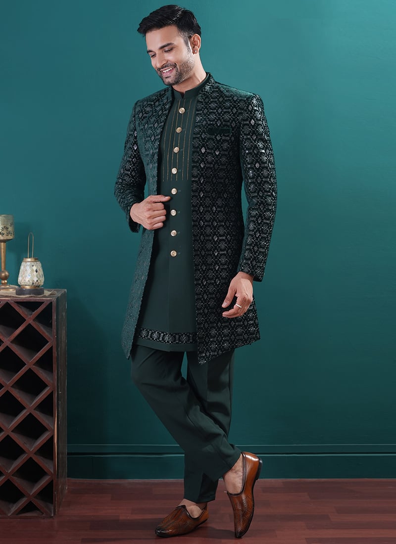 Bottle Green Silk Zari Embroidered Sequins Indowestern Sherwani Wedding Wear