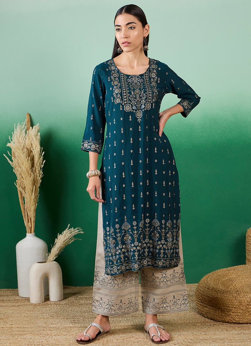 Bottle Green Silk Zari Floral Work Kurta Palazzo Set After Six Wear