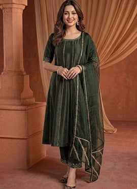 Bottle Green Silk Zari Resham Embroidered A Line Straight Pant Suit
