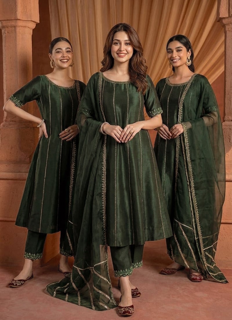 Bottle Green Silk Zari Resham Embroidered A Line Straight Pant Suit Festive Wear