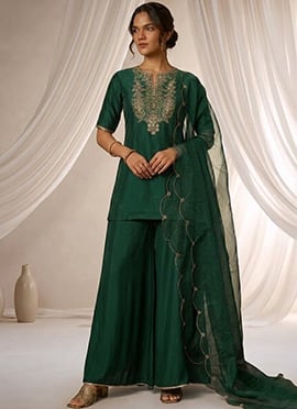 Bottle Green Silk Zari Sequins Palazzo Suit