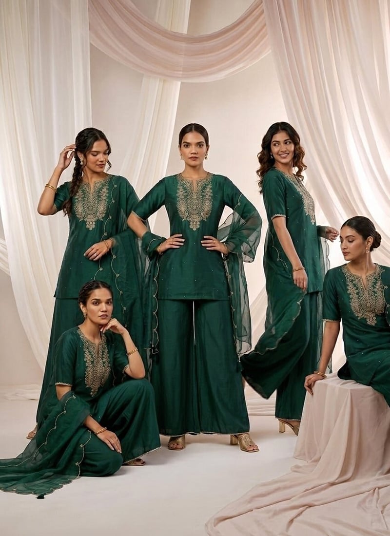 Bottle Green Silk Zari Sequins Palazzo Suit Festive Wear