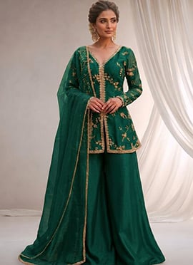Bottle Green Silk Zari Sequins Palazzo Suit