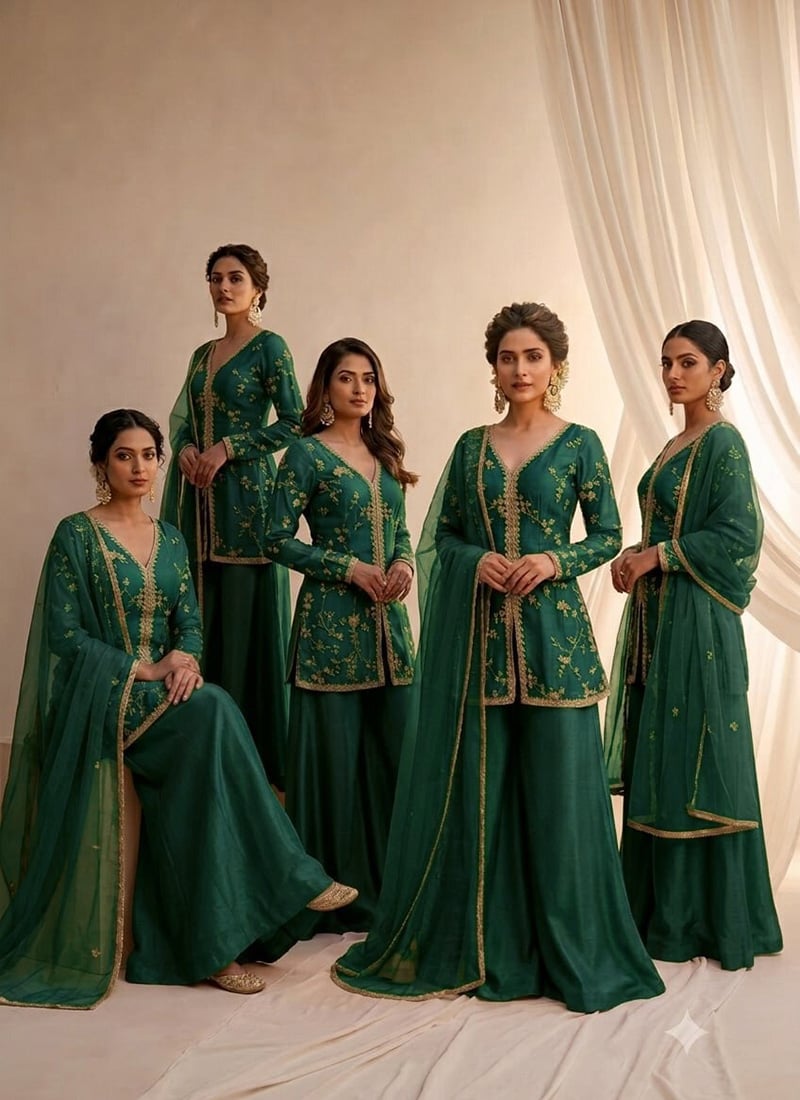 Bottle Green Silk Zari Sequins Palazzo Suit Festive Wear