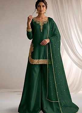 Bottle Green Silk Zari Sequins Palazzo Suit