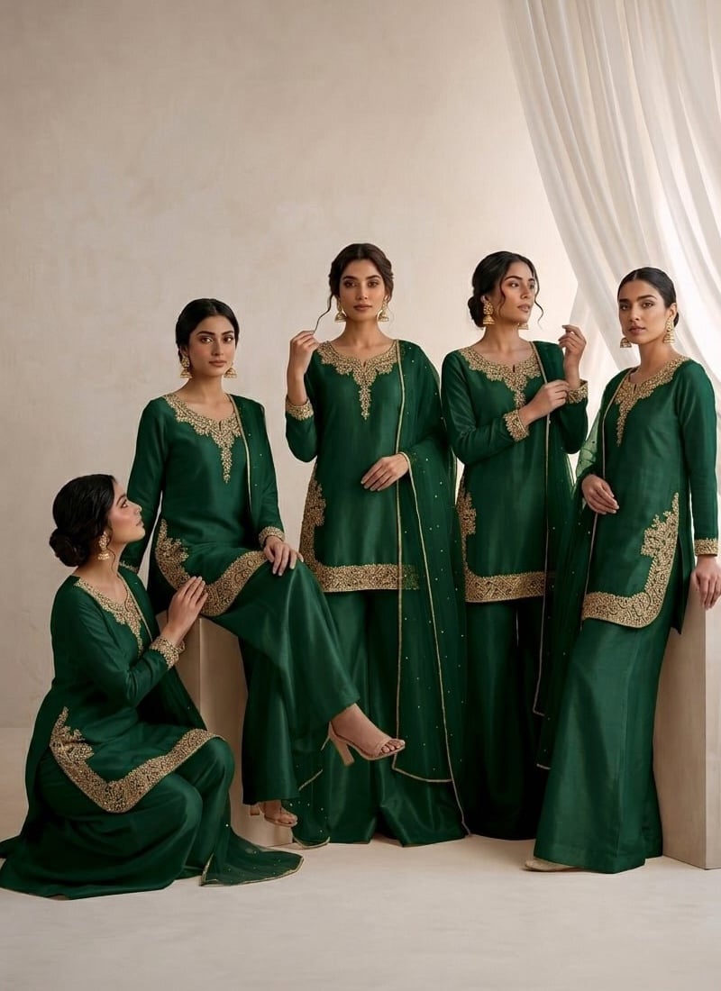 Bottle Green Silk Zari Sequins Palazzo Suit Wedding Wear