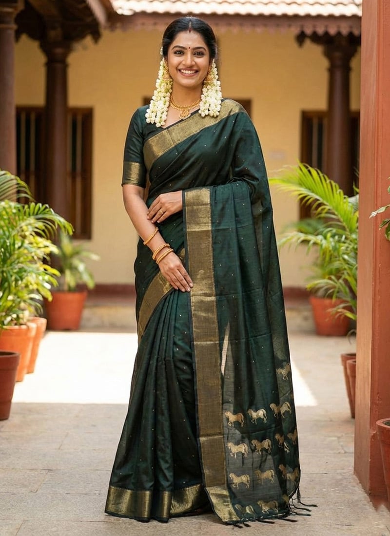 Bottle Green Soft Silk Zari Woven Saree Festive Wear