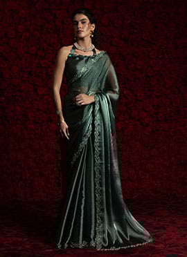 Bottle Green Tissue Chiffon Hand Embroidered Zari Saree Festive Wear