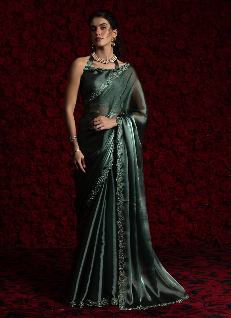 Bottle Green Tissue Chiffon Hand Embroidered Zari Saree