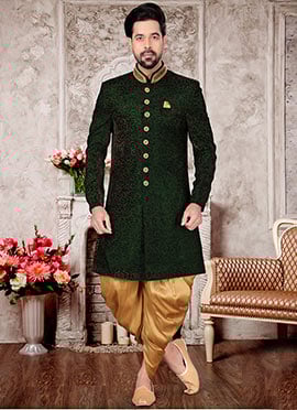 Bottle Green Velvet Embroidery Classic Sherwani