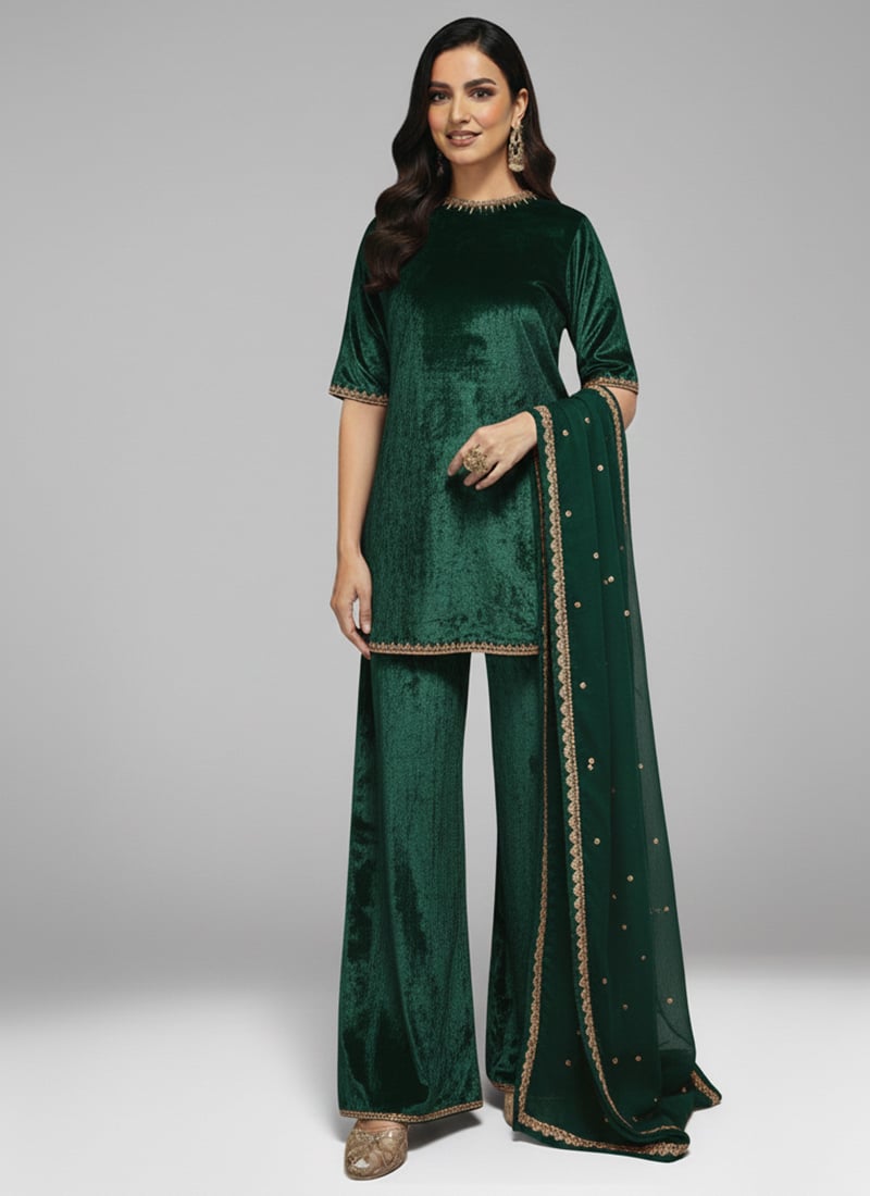 Bottle Green Velvet Zari Sequins Beads Palazzo Suit Festive Wear