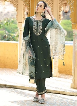 Bottle Green Viscose Rayon Embroidered Straight Pant Suit With Printed Dupatta