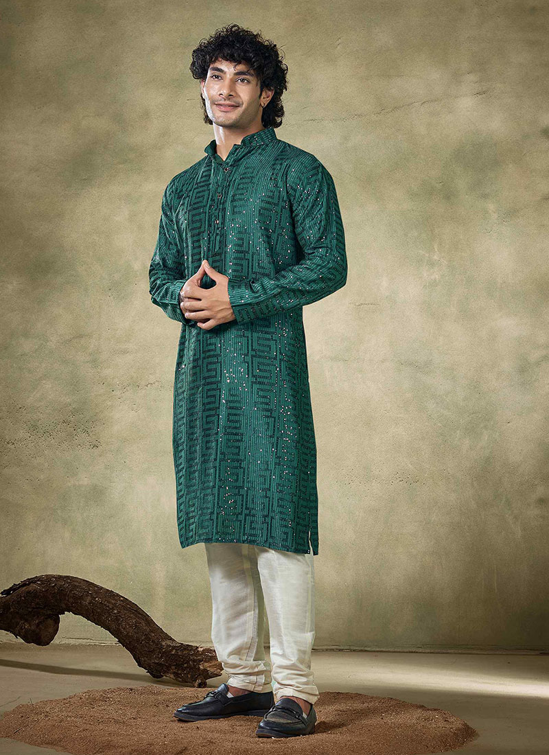 Bottle Green Viscose Sequins Kurta Pyjama Festive Wear