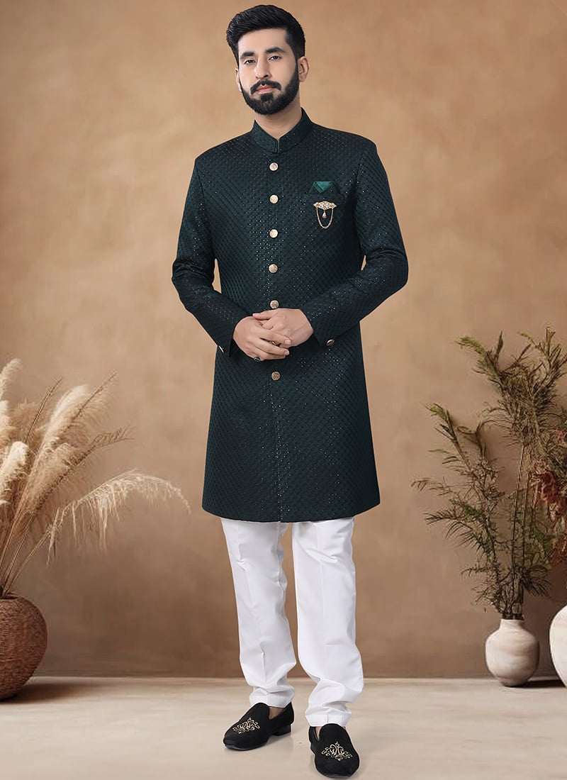 Bottle Green Woven Jacquard Embroidered Thread Classic Sherwani