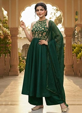 Bottle Green Zari Sequins Embroidered Silk Anarkali Suit