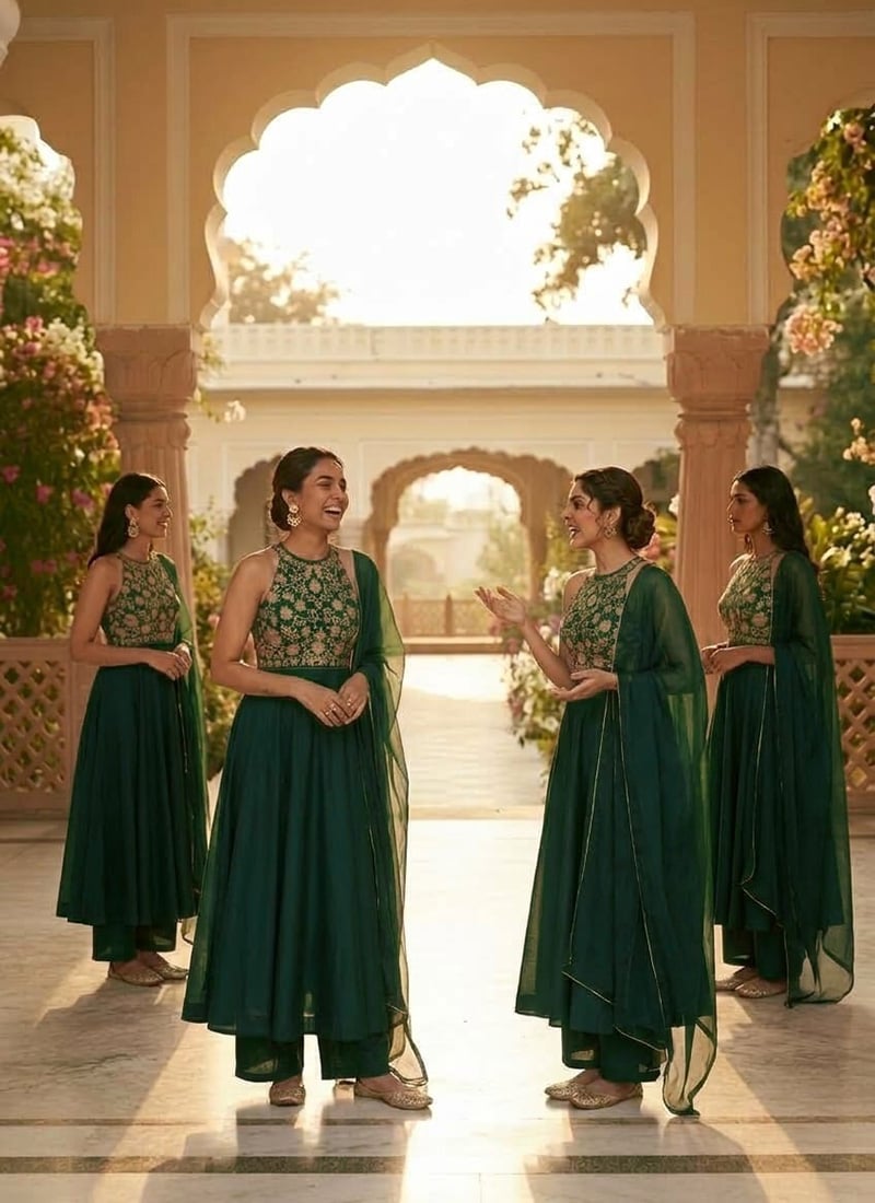 Bottle Green Zari Sequins Embroidered Silk Anarkali Suit Festive Wear