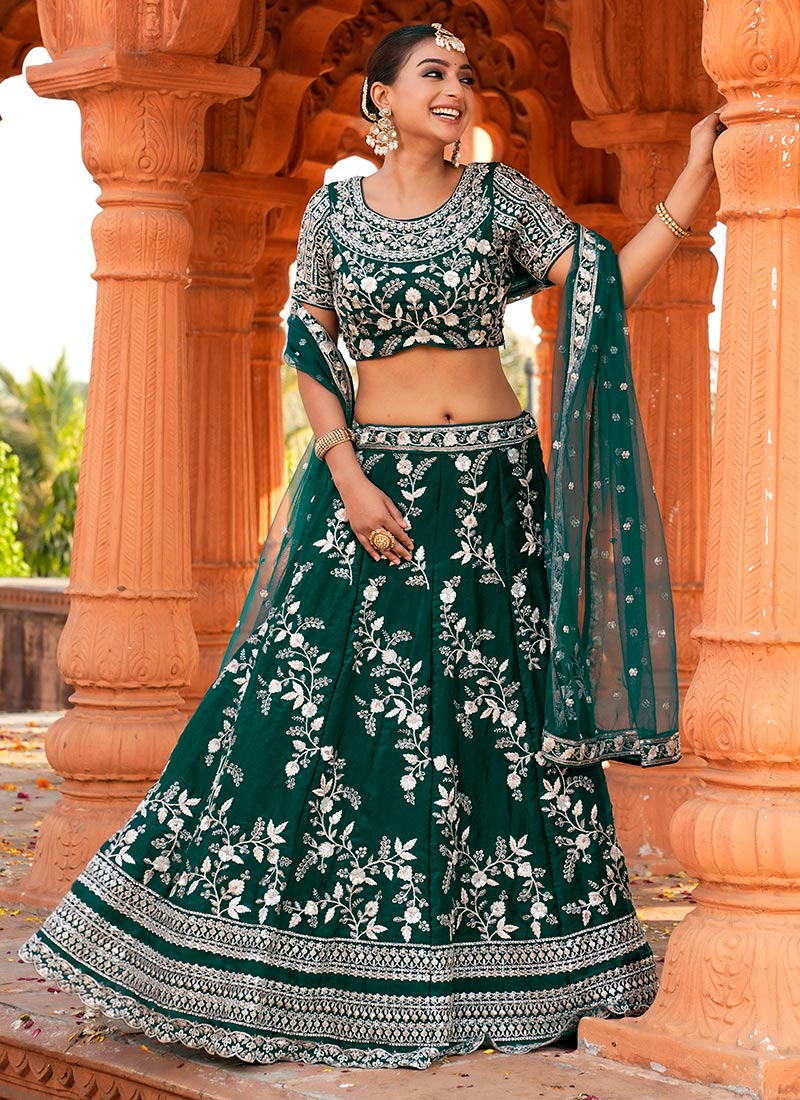 Green Silk Lehenga Choli With Blouse & Dupatta For Indian & Pakistani Wedding Festival - Thread, Zari, Sequins and Dori Embroidery Work