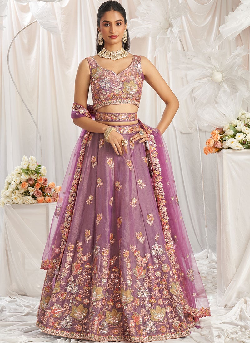 Breathtaking Lavender Organza Zarkan Embroidered Sequins Lehenga Wedding Wear